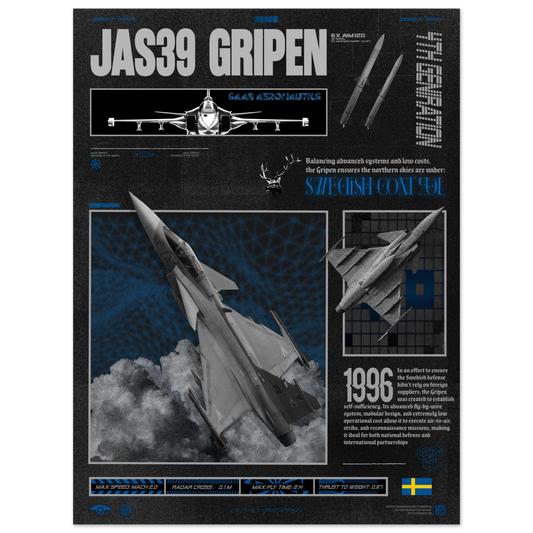 JAS39 Gripen fighter jet unframed poster, with statistics, graphics, and details
