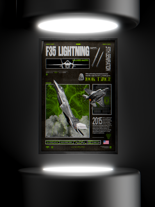 F-35 Lightning II fighter jet framed poster, front view, white spotlight from top and bottom